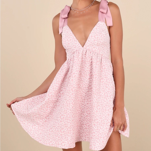 Lulus Darling Composure Pink Jacquard Floral Tie-Strap Mini Dress Small NWT NEW - Picture 2 of 10